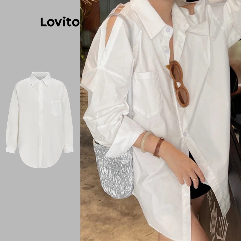 Lovito Casual Blusa Feminina Lisa Com Bot O Frontal L Ad Branca Shopee Brasil