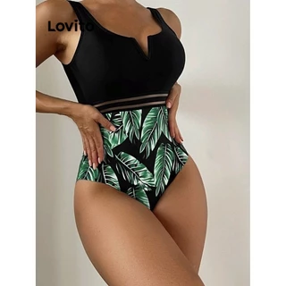 Lovito Casual Maiô Feminino Estampa Tropical Colorblock LNL36078 (Preto)