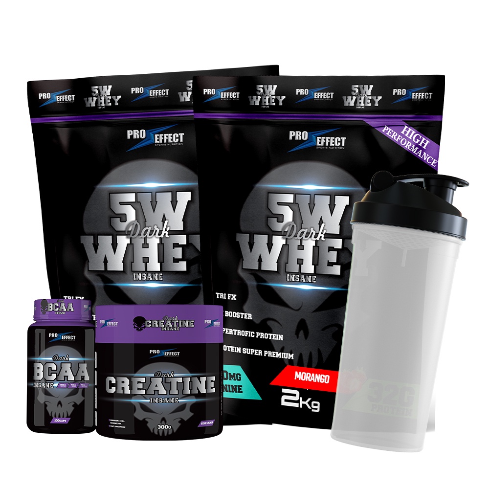 Kit 2 Whey Protein + Bcaa + Creatina + Coqueteleira 5W Dark