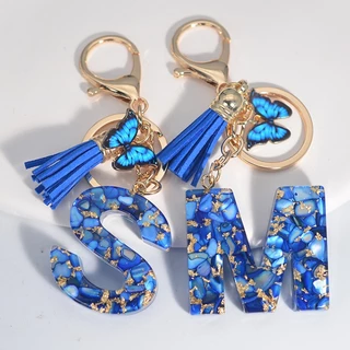 A-Z Resina Recheada Com Lantejoulas De 26Letter Keychain Fashion Blue Tassel Butterfly Pendant Anel Chaveiro Para Mulher Homem Mala De Mão De Carro Acessórios em Oferta na Shopee