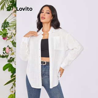 Lovito Blusa Básica com Botões Frontais e Bolsos para Mulheres LBE02037 (Branco)