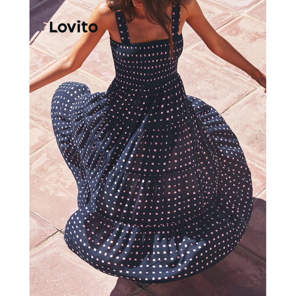 Lovito Casual Vestido Feminino Bata de Bolinhas com Camadas LNE27160 (Azul Escuro)