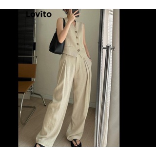 Lovito Conjunto Casual De Calças Com Bolso Liso E Botão Para Mulheres LNE42243