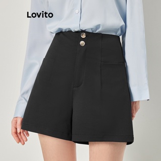 Lovito Casual Shorts Feminino Liso com Botão Frontal e Bolso L68ED086 (Preto)