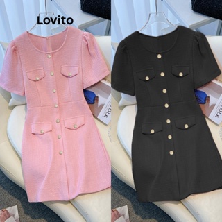 Lovito Elegante Vestido Feminino Liso com Bolso e Botão Frontal LNE27232 (Rosa)