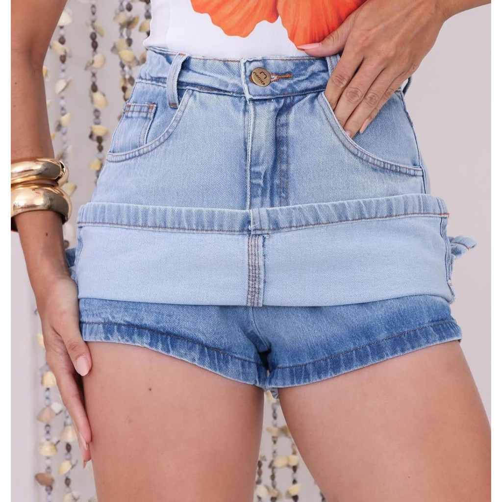 Saia Shorts Jeans Feminino Cintura Alta Com Fenda Recorte Alta ...