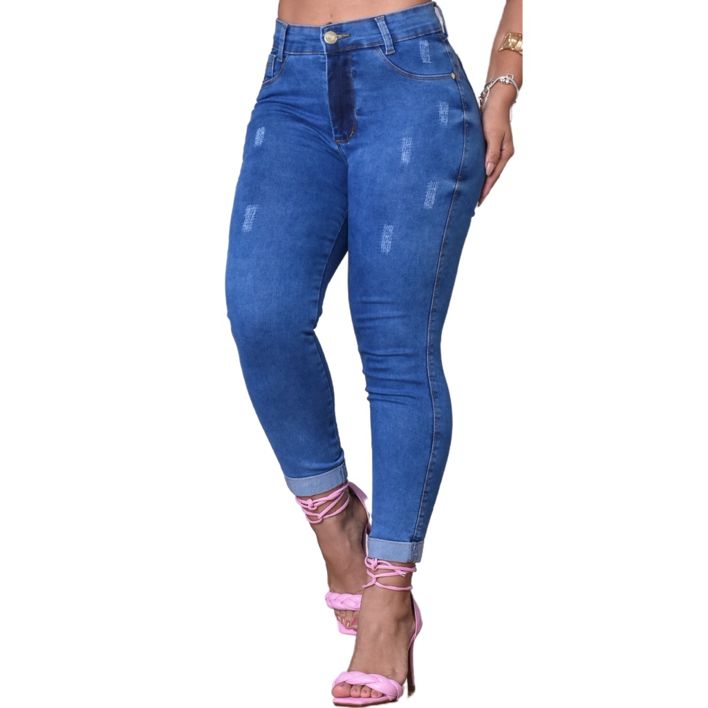 Calça Jeans Capri Azul Puído Cintura Alta Costura Empina Bumbum Modeladora  Elastano