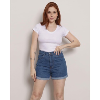 Blusa Feminina Manga Curta Decote V Canelada Branca