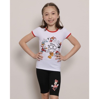 Blusa Infantil Manga Curta Canelada Mickey E Amigos Disney Branca