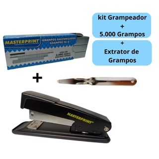 Kit Grampeador Metal + 5.000 Grampos 26/6 Galvanizados + Extrator de Grampos Escolar Escritório MASTERPRINT