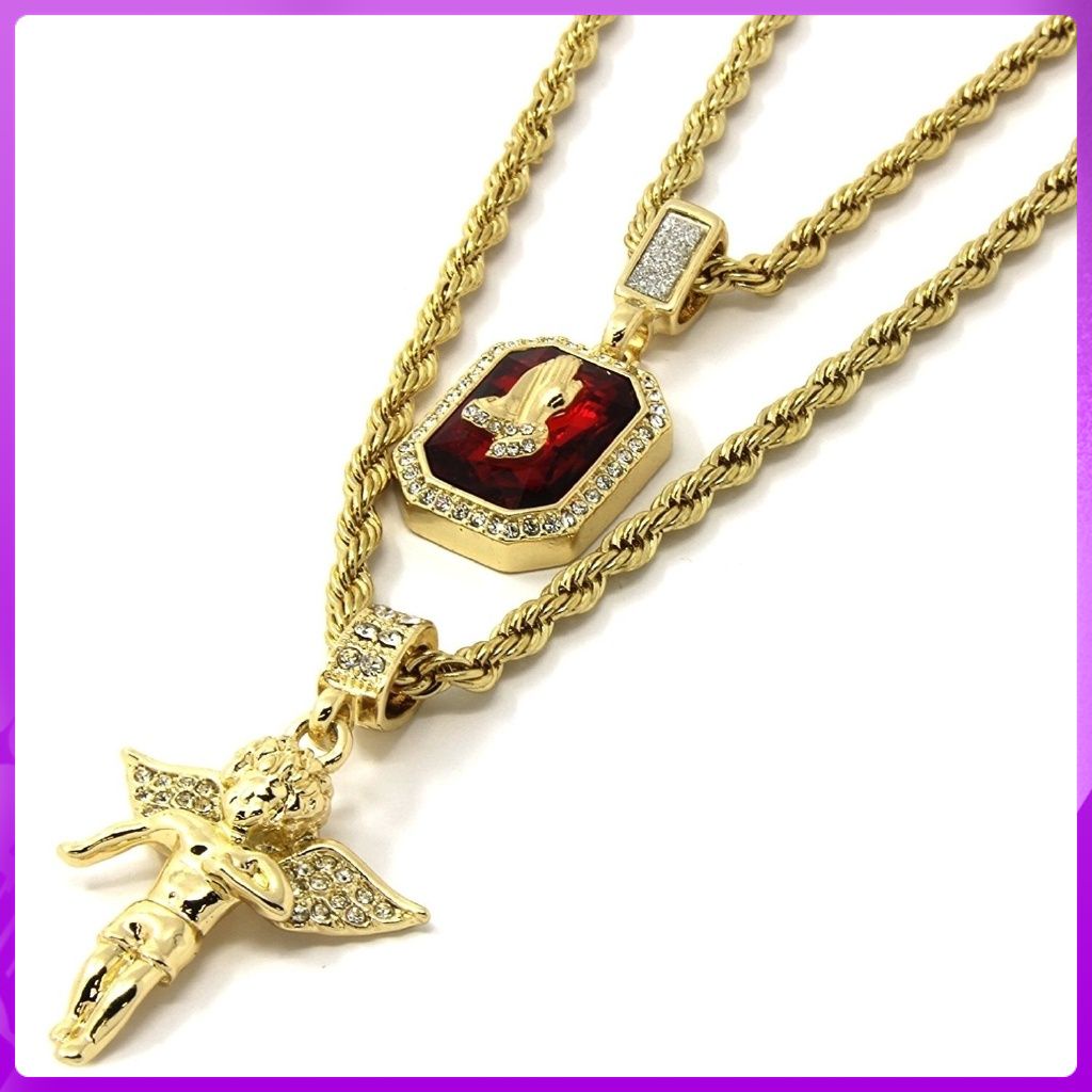 LB Set Colar Kalung + Gelang + Anting + Cincin Lapis Emas Kuning dengan Liontin Bentuk Angel & P Ruby 24 "