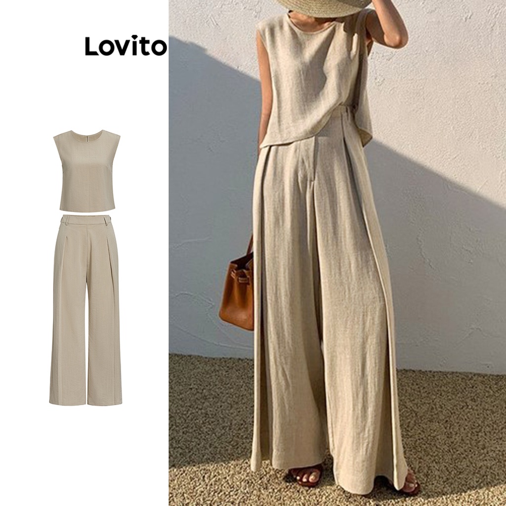 Lovito Casual Conunto Feminino Liso de Calça Plissada L68ED312 (Cáqui)