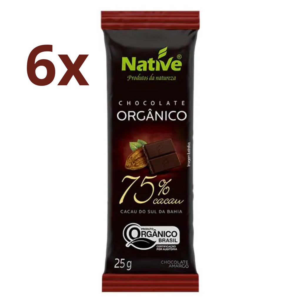 Kit 06 Chocolates Orgânico Native 75% Cacau de 25g | Shopee Brasil