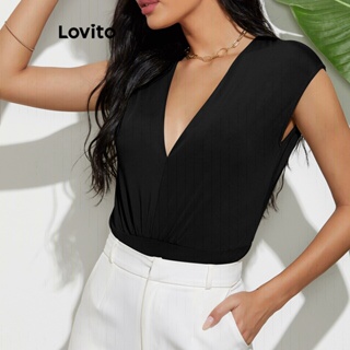 Lovito Body Casual Liso Franzido Com Decote Em V Para Mulheres LNL41001