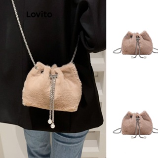 Lovito Bolsa Balde De Pelúcia Com Corrente De Pérolas Lisas E Fofas Bolsa De Ombro Pequena De Alta Capacidade Para Mulheres LFA11576