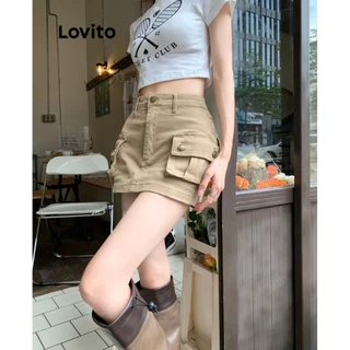 Lovito Shorts 2 em 1 com Bolsos Lisos para Mulheres Casuais LNA19005 (Cáqui)