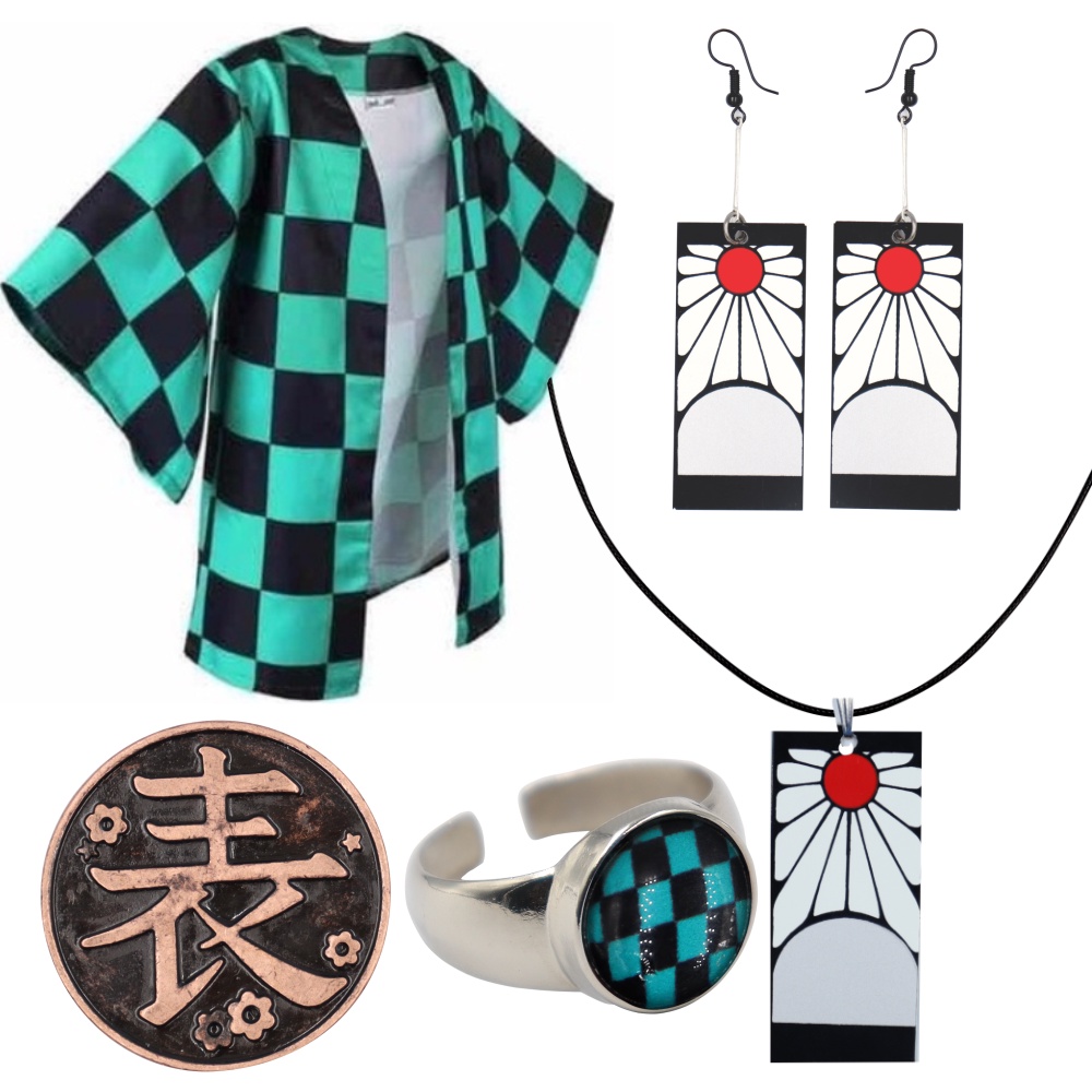 Combo Kimono Tanjiro Colar Brinco Hanafuda Anel Moeda Kanao