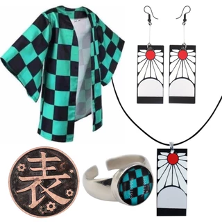 Combo Kimono Tanjiro Colar Brinco Hanafuda Anel Moeda Kanao