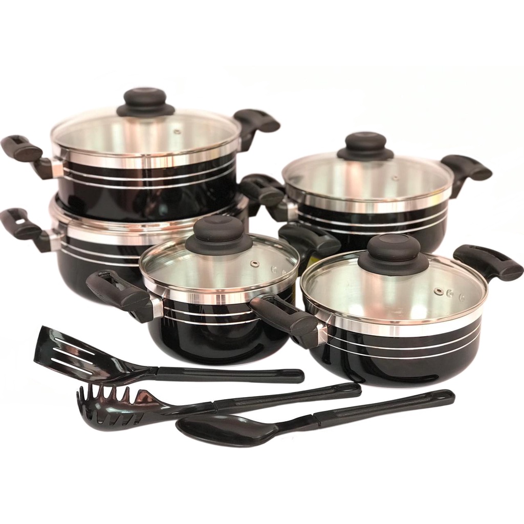 Jogo de Panelas Caçarola Alumínio Grosso Tampa de Vidro 5 Peças Preta