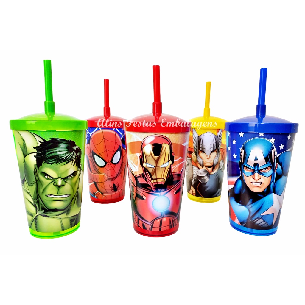 Lembrancinhas Vingadores 5 Copos Com Canudo Vingadores Decoração Festa Vingadores - Copo Twister 500 ml