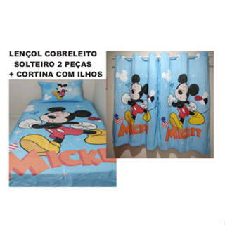 Kit Lençol Cobreleito solteiro + Cortina MICKEY BLUE