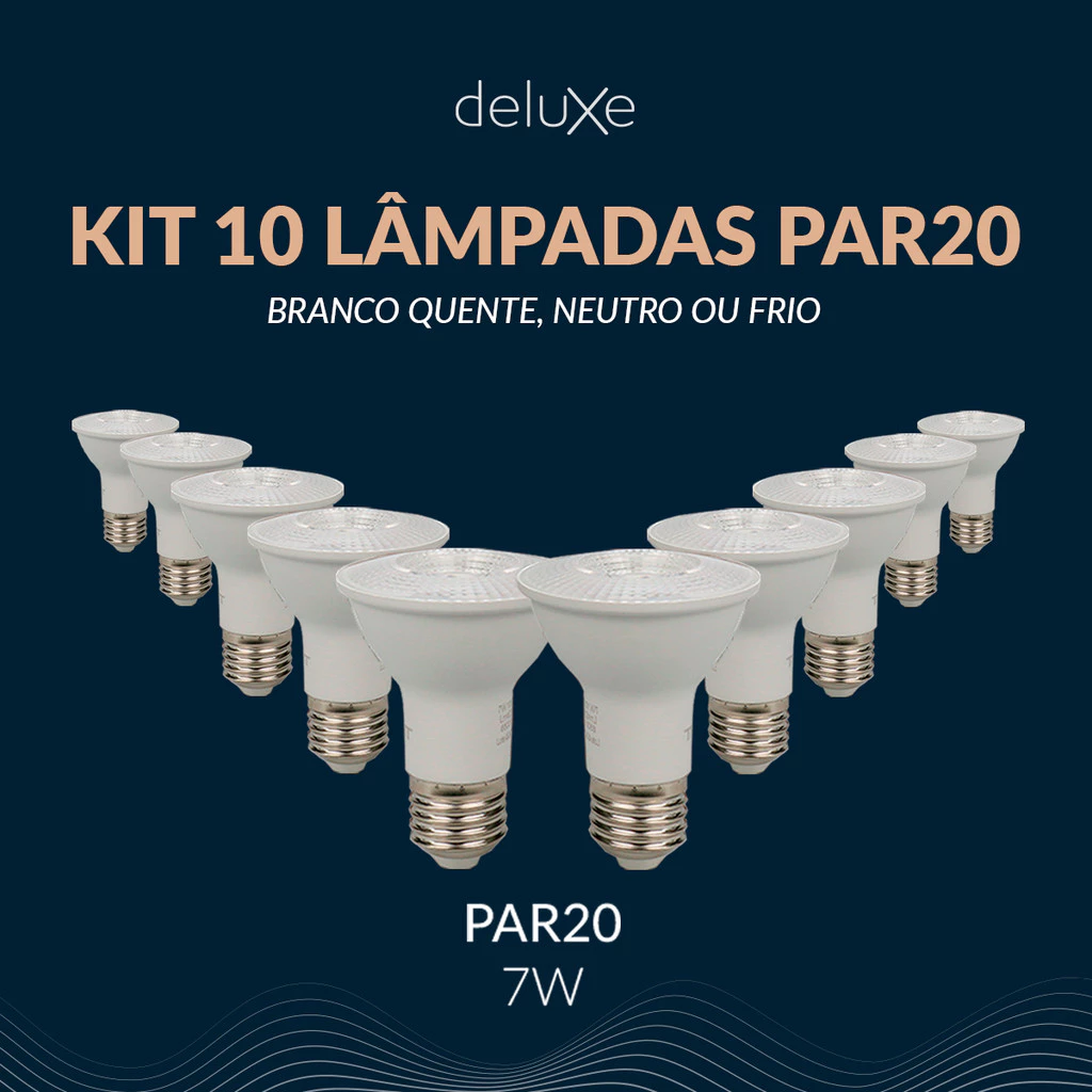 Kit 10 Lampadas Led Par20 7w 3000k, 4000k ou 6500k E27 110v/220v Bivolt Ip20 Branco Cod: 278340376-123 Deluxe By Avant
