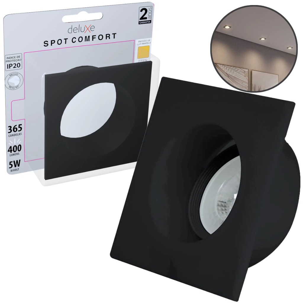 Spot de Led Comfort 2700k Branco Quente 5w Recuado Quadrado Embutir 110v/220v Bivolt Preto Cód: 908835056 Deluxe