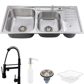 Cuba para cozinha pia dupla em aço inox com acessórios com lixeira Caiapós e Torneira Gourmet Munim Preta Pingoo em Oferta na Shopee