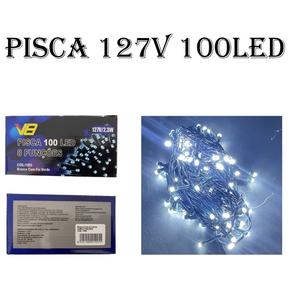 PISCA PISCA 100 LEDS BRANCO FRIO SUPER LED 360 127V 9M 8 FUNCOES FIO  TRANSPARENTE - KL Store Casa & Presentes