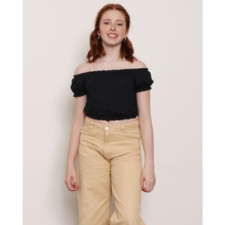 Blusa Juvenil Cropped Manga Curta Franzida Preta