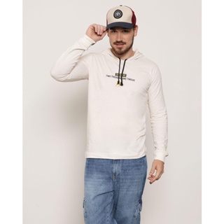 Camiseta Masculina Manga Longa com Capuz Estampa Frase Off White
