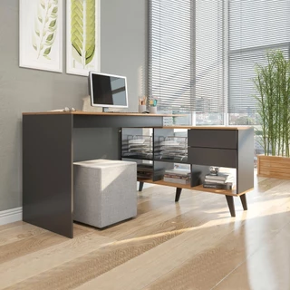 Mesa em L Home Office 128/145x84 Cm Estante 2 Gavetas Carvalho Cinza 0747 MENU