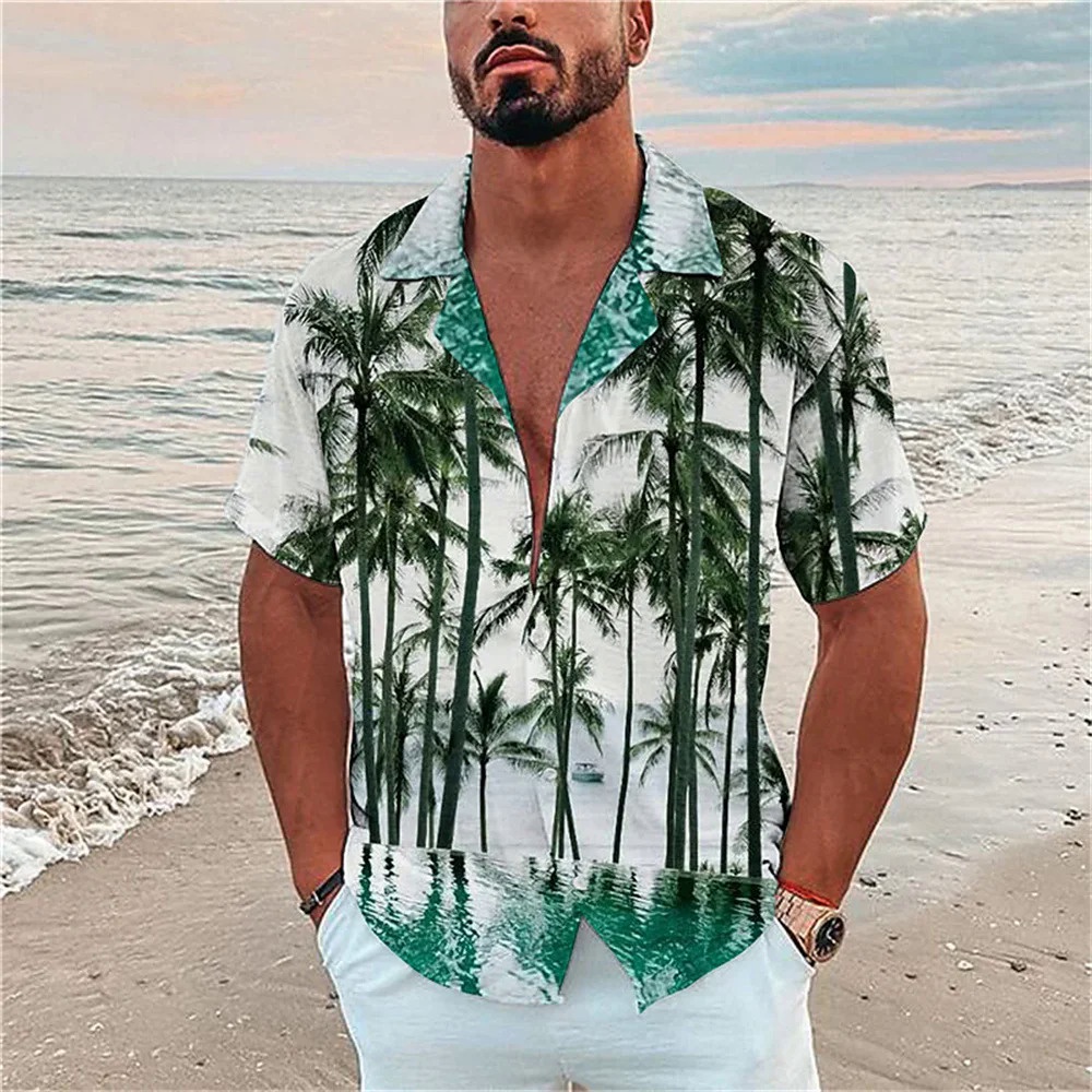 Camisa de praia havaiana de manga curta masculina, camisas