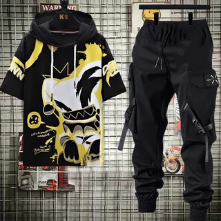 Calças De Carga Masculinas Estilo Hip Hop Joggers + Conjunto De Homens Com Capuzes Casuais Camisetas De Manga Curta Vestuário Masculino De Verão