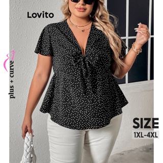 Lovito Blusa Feminina Plus Size Curva Elegante Com Bolinhas E Babados Com Bainha LNL37029 (Preto)