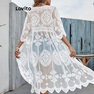 Lovito Kimono Boho Com Ilhós Bordado Liso Para Mulheres LNE27242 (Branco)