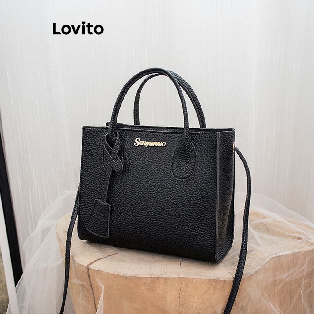 Lovito Bolsa de Ombro Pequena com Zíper, Letra Colorida e Textura de Lichia para Mulheres LFA07299 (Marrom/Rosa/Azul/Preto)