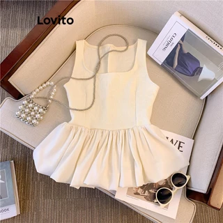 Lovito Casual Regata Feminina Lisa com Costura de Tecido e Bainha com Babado LNE43197