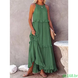 Verão solto vestido longo mulheres casual elegante plissado halter mangas mulheres roupas de festa praia maxi verde tie-up robe vestidos 00128