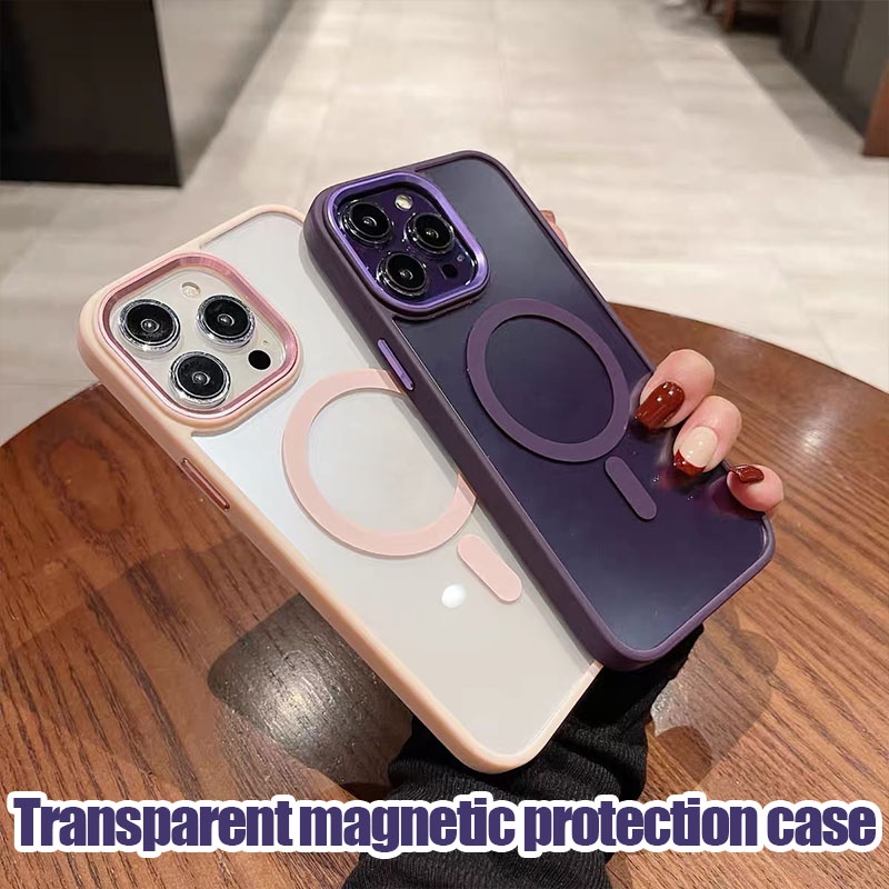 Transparente Com Caixa De metal Para Lentes De Furo Grande iPhone 14 Mais 11 12 13 14 Pro Max Chaves Metálicas De Borda Fosca Sem Fio Magnético Carregando Capa Traseira Dura De Proteção Contra Choques