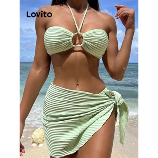Lovito Casual Conjunto de Biquíni Liso Amarrado de Jacquard com Argola 3 em 1 LNE27049 (Rosa/Verde)