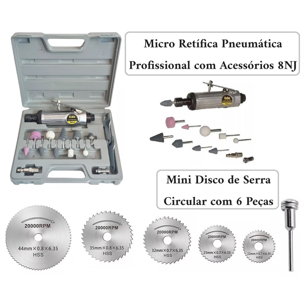 KIT com Micro Retífica mini esmeril Pneumática + Jogo de Mini Disco de ...