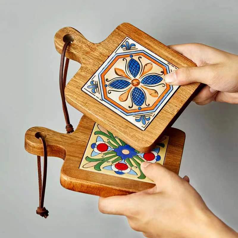 Esteira de Cozinha estilo japonês de madeira maciça resistente ao calor Esteira de Cozinha Retro Placemat Casserole Casserole de alta temperatura @