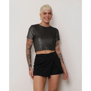 Blusa Feminina Manga Curta Lurex Preto