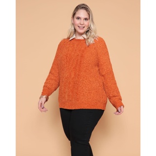 Suéter Plus Size Feminino Tricô Chenille Laranja