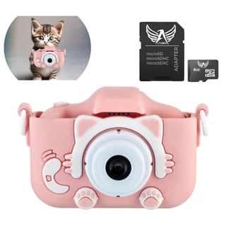 Kit Câmera Cartão Memoria 8GB Infantil Mini Efeitos Fotos Voz Recarregável Com Capa Foto Filma Rosa