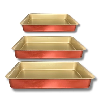 Jogo Conjunto Kit Assadeiras Retangular Alta 3 peças Antiaderente Teflon Cor Cereja Gold