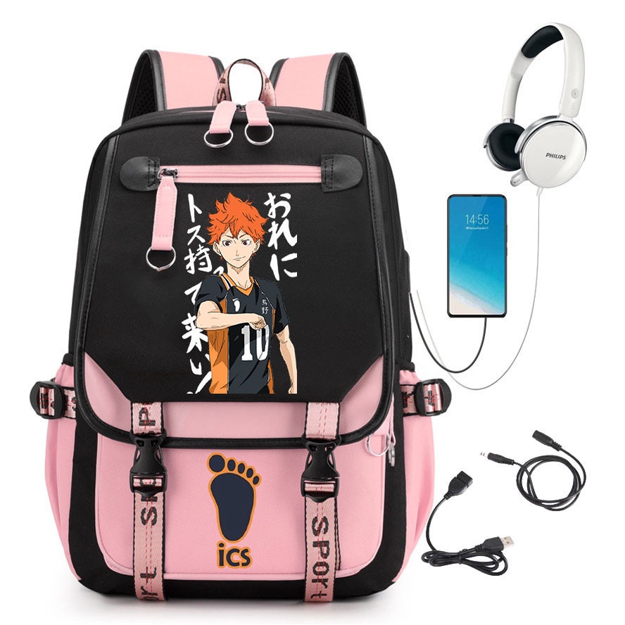 Mochila escolar de voleibol juvenil de anime transfronteiriço mochila de ombro duplo mochila recarregável USB mochila escolar de grande capacidade