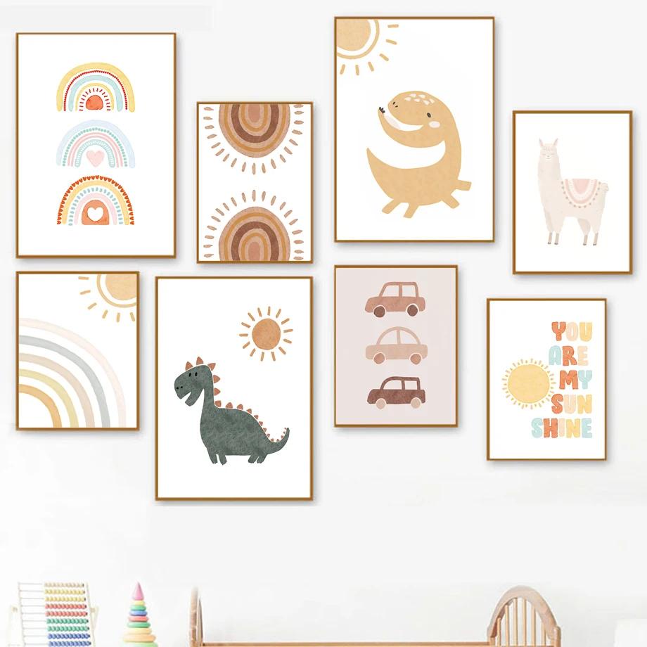 Desenho Animado Dinossauro Alpaca Lua Sol Arco-Íris Berçário Arte De Parede Impressão Tela Pintura Pôster Nórdico Quadro Baby Kids Room Decor