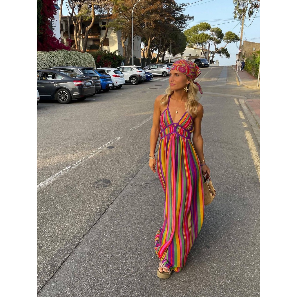 Vestido de praia elegante arco-íris listrado V decote sem mangas (25006)